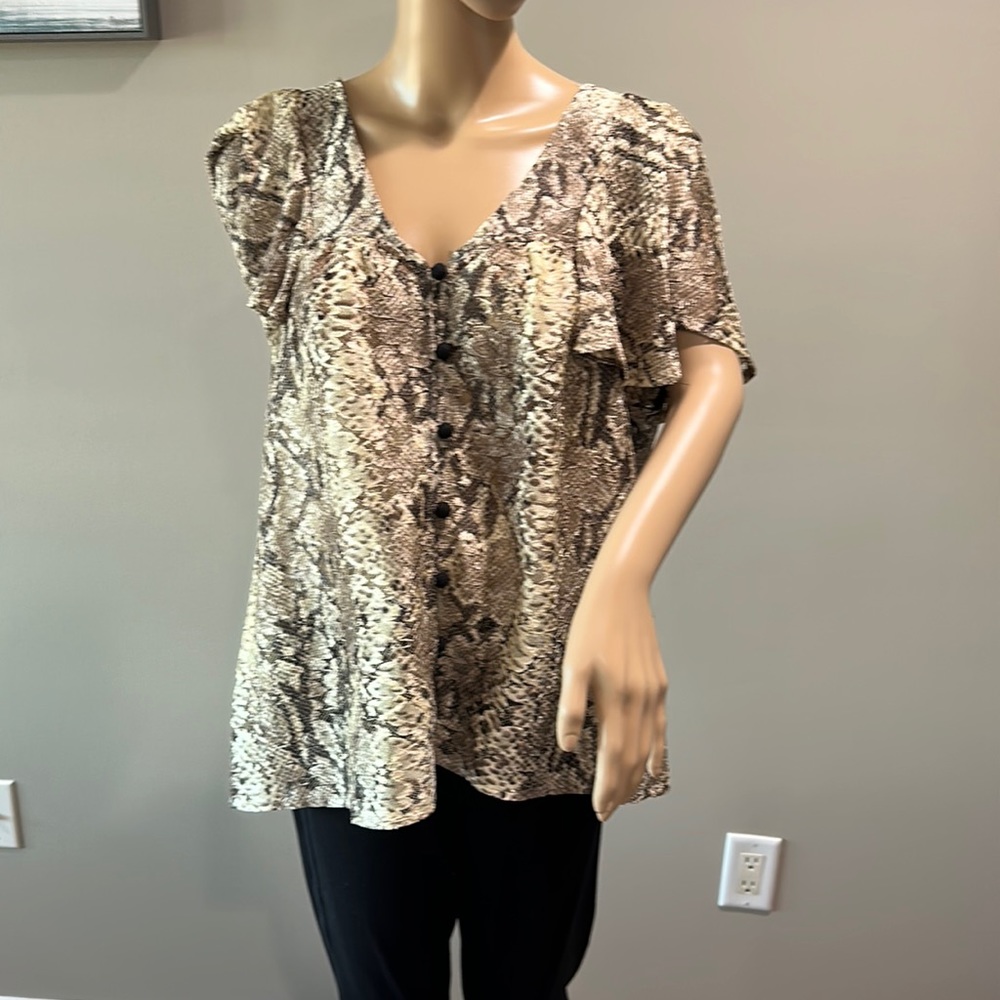 Anthropologie Eva Franco Short sleeve ruffle blouse snake print XL new with tags